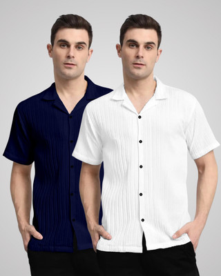 kruze Men Striped Casual Dark Blue, White Shirt(Pack of 2)