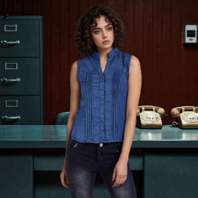 HouseOfCommon Women Self Design Casual Blue Shirt