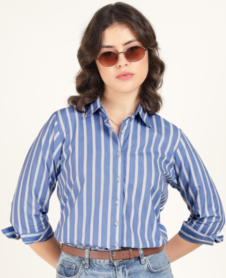 Hancock Women Striped Casual Blue, White Shirt