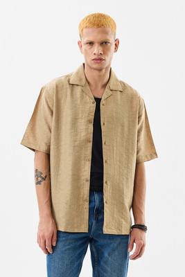 Snitch Men Self Design Casual Beige Shirt