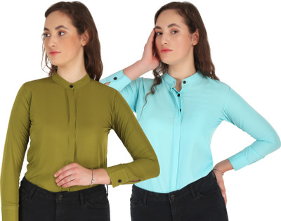Hunoor Women Solid Casual Light Green Shirt(Pack of 2)