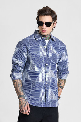 Snitch Men Geometric Print Casual Blue Shirt