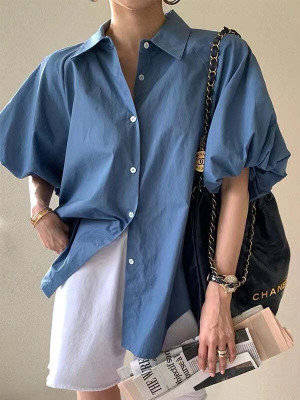 OUTZIDR Women Solid Casual Blue Shirt