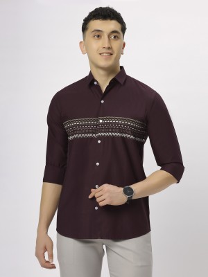 N AND J Men Printed Casual Maroon Shirt