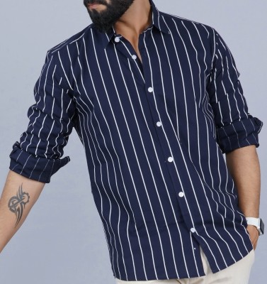 HKV FASHION Men Striped Casual Dark Blue Shirt