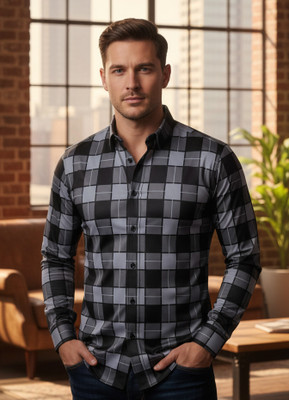ratric exim Men Checkered Casual Grey, Black Shirt