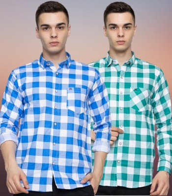 FREKMAN Men Checkered Casual Blue, Dark Green Shirt(Pack of 2)