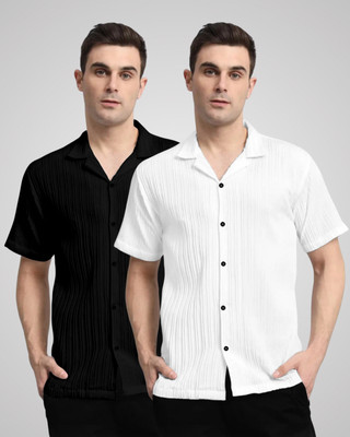 VK Couture Men Self Design Casual Black, White Shirt(Pack of 2)