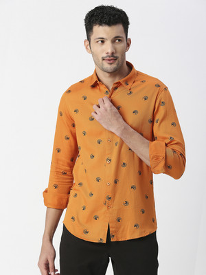 SNX Men Printed Casual Orange, Black Shirt