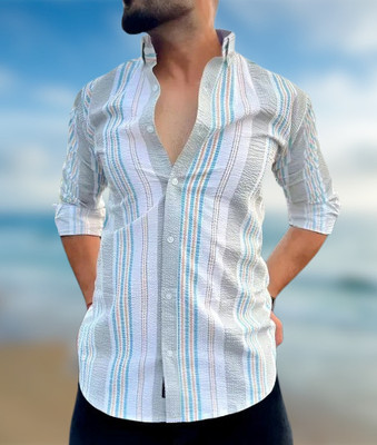 Dadatradings Men Striped Casual White, Blue Shirt
