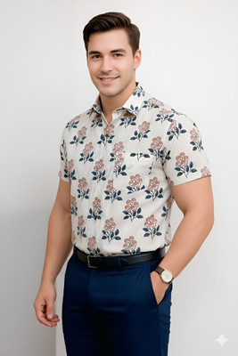 HouseOfCommon Men Floral Print Casual White Shirt