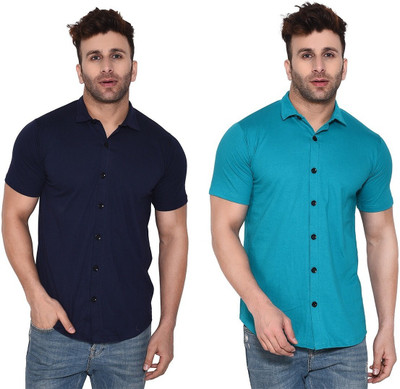 Money Leaf Men Solid Casual Dark Blue, Light Green Shirt(Pack of 2)