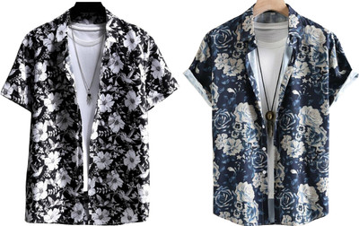 Lonexo Men Printed Casual Black, Dark Blue, White Shirt(Pack of 2)
