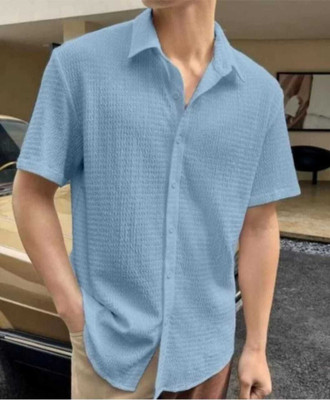 SHFASHION Men Self Design Casual Blue Shirt