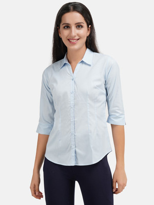 YELLOW PINE Women Solid Formal Light Blue Shirt
