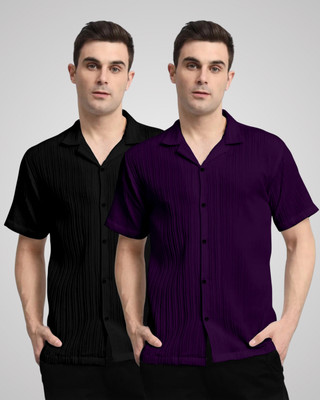 VK Couture Men Self Design Casual Black, Purple Shirt(Pack of 2)