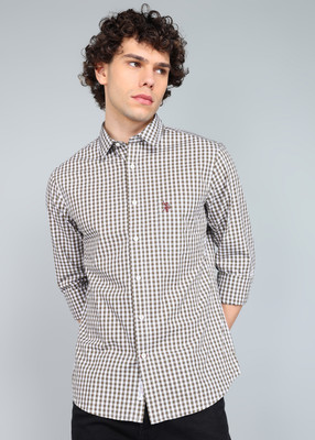 U.S. POLO ASSN. Men Checkered Casual Dark Green, White Shirt
