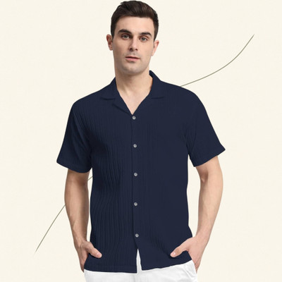 METRON Men Self Design Casual Dark Blue Shirt