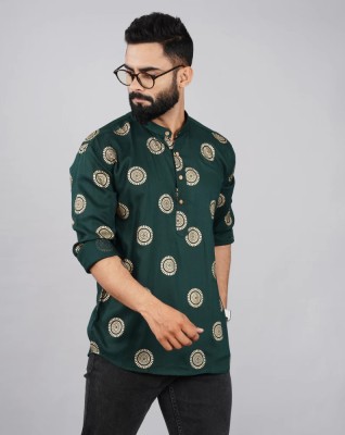 SIXSENSE Men Printed Straight Kurta(Dark Green, Gold)