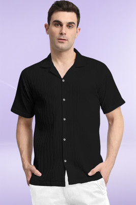 A DEEMOON TREND Men Striped, Self Design, Solid Casual Black Shirt
