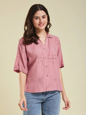 J TURRITOPSIS Women Embroidered Casual Pink Shirt