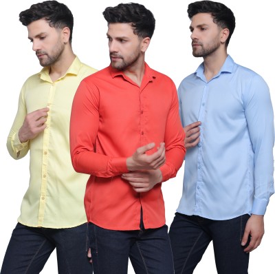 FILNECH Men Solid Casual Beige, Orange, Light Blue Shirt(Pack of 3)