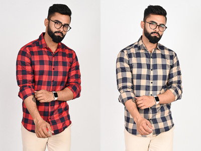 Tanip Men Checkered Casual Red, Yellow Shirt(Pack of 2)