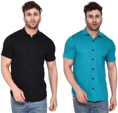 Lawful Casual Men Solid Casual Black, Light Green Shirt(Pack of 2)