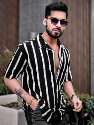 MANIAC Men Striped Casual Black Shirt