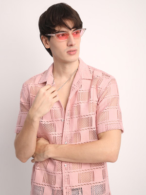 Voroxy Men Self Design Casual Pink Shirt