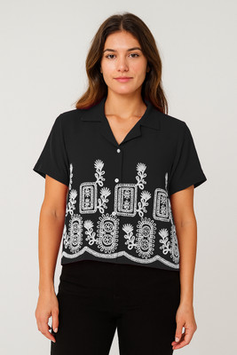 DWITIICREATION Women Embroidered Formal Black Shirt