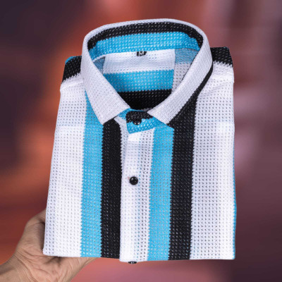 Karmsilk Creation Men Striped Casual Blue Shirt