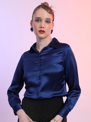 Tokyo Talkies Women Solid Formal Blue Shirt