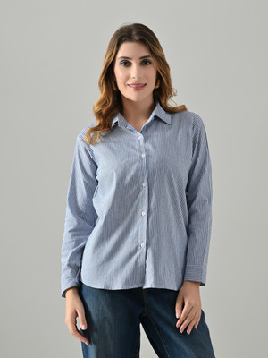 OWL MINK Women Striped Casual Blue Shirt