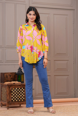 Maquien Women Printed Casual Yellow Shirt