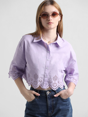 ONLY Women Embroidered Casual Purple Shirt