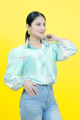 CRAZEVILLA Women Floral Print Party Light Green Shirt