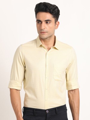 TURTLE Men Checkered Formal Yellow, White Shirt