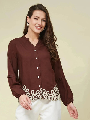 J TURRITOPSIS Women Embroidered Casual Brown Shirt