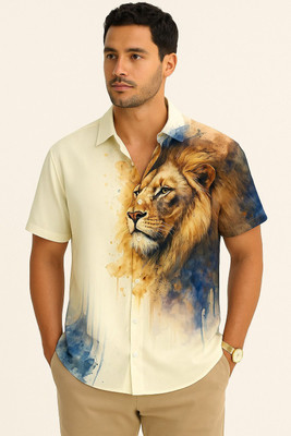 Zeeyneex Men Animal Print Casual Cream Shirt