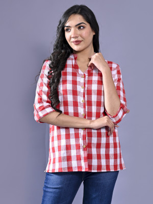 FABISHO Women Checkered Casual White, Red Shirt