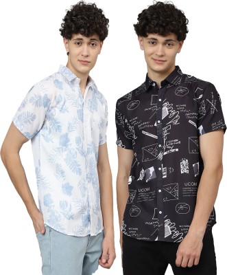 LOOKMARK Men Printed Casual Black, Light Blue, White Shirt(Pack of 2)