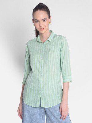 CRIMSOUNE CLUB Women Striped Casual Green Shirt