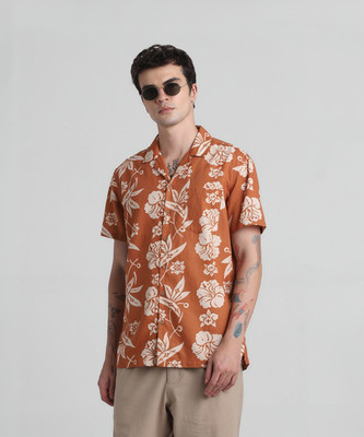 JACK & JONES Men Floral Print Casual Orange Shirt