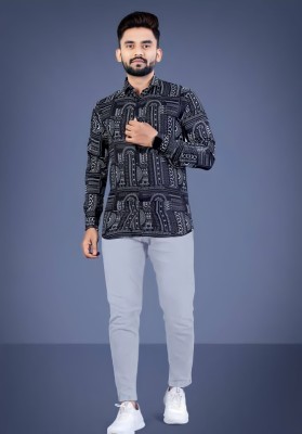 MrC Creation Men Printed Casual Dark Blue, White Shirt