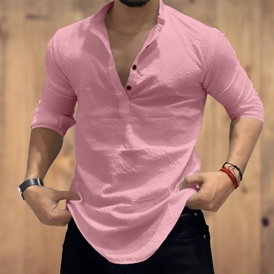 COMBRAIDED Men Self Design Casual Pink Shirt