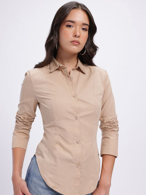 Glitchez Women Solid Casual Brown Shirt
