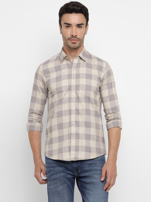 Allen Cooper Men Checkered Casual Purple, White Shirt