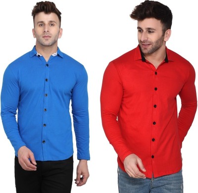 GEUM Men Solid Casual Dark Blue, Red Shirt(Pack of 2)