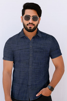 AURASTYLE Men Self Design Casual Dark Blue Shirt